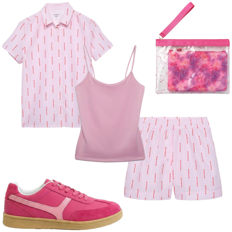 Outfit donna - Total look #2425708. Stile Sporty chic per Tutti i giorni. Abbinamento con sneakers, pochette, shorts, camicie a manica corta, canottiere.