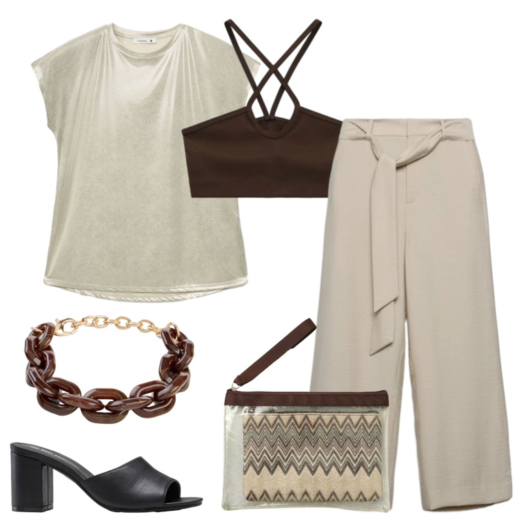 Outfit donna - Total look #2425710. Stile Chic per Serata fuori. Abbinamento con sandali col tacco, braccialetti, pantaloni a palazzo, t-shirt, pochette, top.