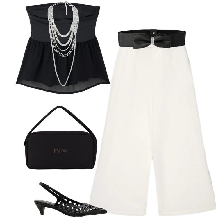Outfit donna - Diciottesimo. Stile Romantica per Cerimonia. Abbinamento con décolleté, top, pantaloni a palazzo, cinture, borse a mano, collane.