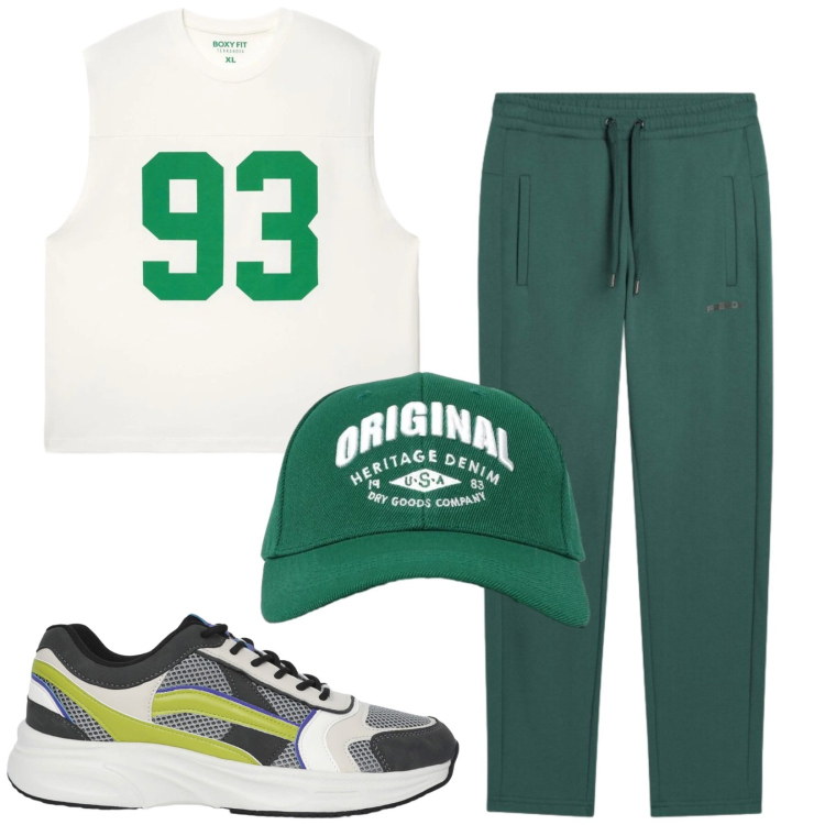 Outfit uomo - Total look #2425713. Stile Trendy per Sport. Abbinamento con sneakers, cappelli con visiera, canottiere, pantaloni.