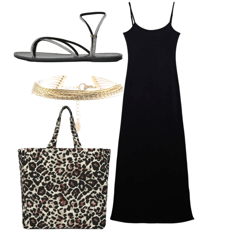 Outfit donna - Eleganza curvy per le sere di giugno - F. Stile Chic per Tutti i giorni. Abbinamento con vestiti lunghi, shopping bag, sandali, braccialetti.