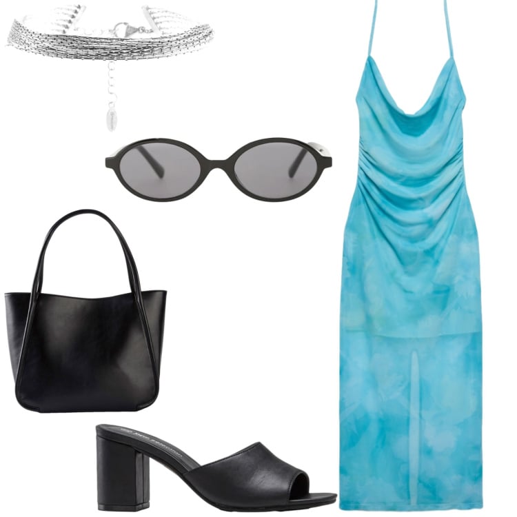 Outfit donna - Serata di Gala in crociera. Stile Chic per Serata fuori. Abbinamento con shopping bag, sandali col tacco, vestiti lunghi, occhiali da sole, braccialetti.