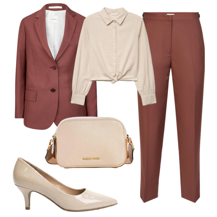 Outfit donna - Superclassico. Stile Bon Ton per Ufficio. Abbinamento con borse a tracolla, décolleté, camicie, pantaloni, blazer.