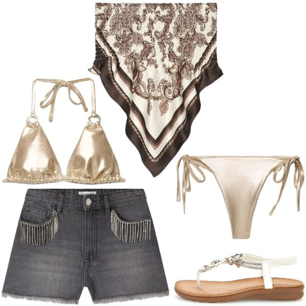 Outfit donna - il top elegante in spiaggia. Stile Glamour per Mare. Abbinamento con bikini, shorts, bikini, top, ciabatte.