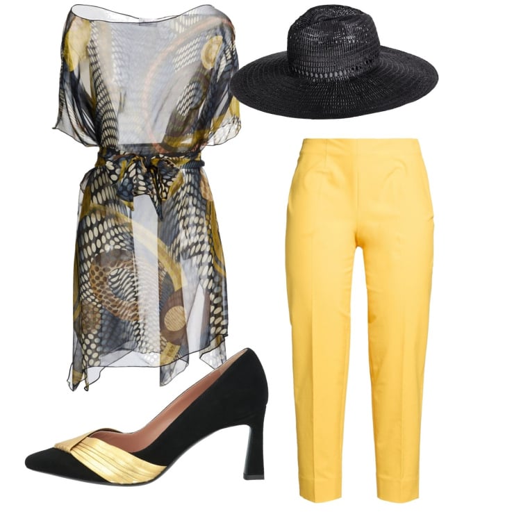 Outfit donna - Total look #2425725. Stile Trendy per Cerimonia. Abbinamento con top, décolleté, cappelli, pantaloni.