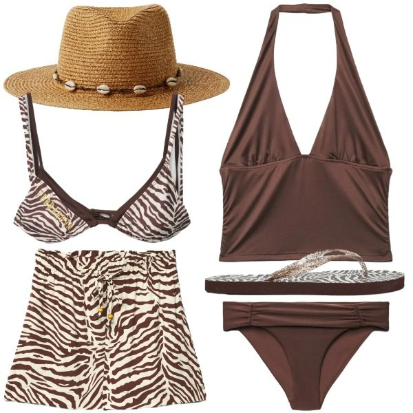 Outfit donna - animalier in spiaggia. Stile Glamour per Mare. Abbinamento con bikini, cappelli, infradito, bikini, shorts, top.