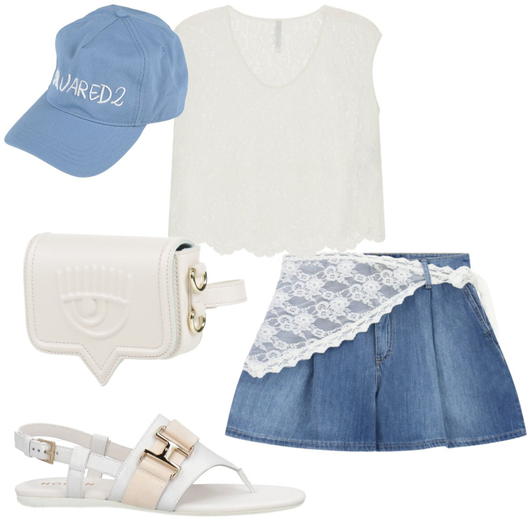 Outfit donna - Total look #2425728. Stile Romantica per Mare. Abbinamento con infradito, marsupi, cappelli con visiera, shorts, top.