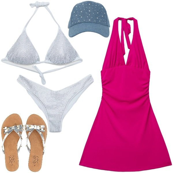 Outfit donna - strass in spiaggia. Stile Glamour per Mare. Abbinamento con vestiti corti, cappelli, bikini, bikini, infradito.