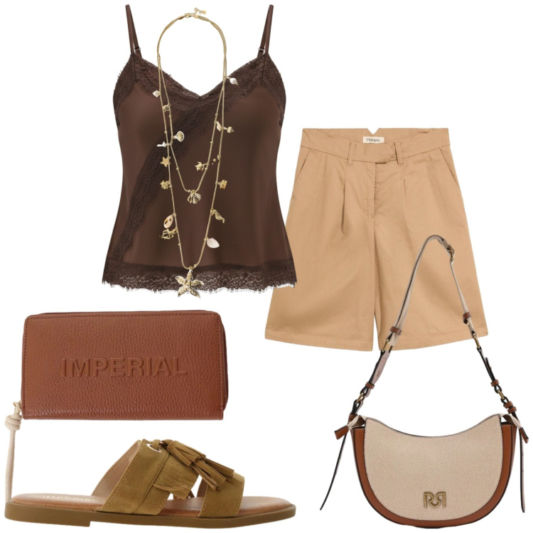 Outfit donna - Fa caldo. Stile Casual chic per Tutti i giorni. Abbinamento con bermuda, top, borse a tracolla, sandali, portafogli, collane.