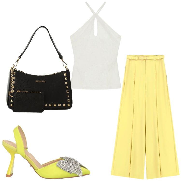Outfit donna - Giallo per l\'estate. Stile Glamour per Serata fuori. Abbinamento con décolleté, top, borse a spalla, pantaloni a palazzo.
