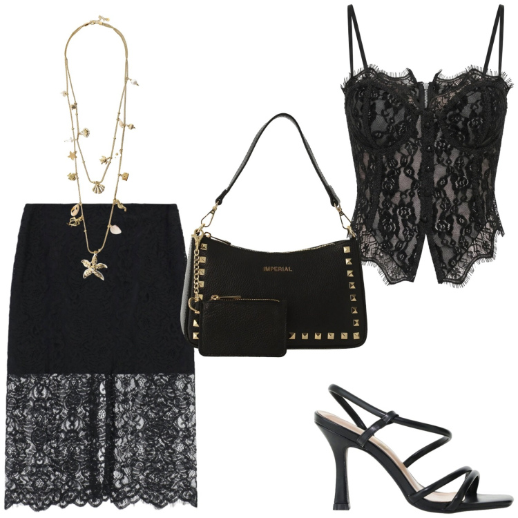 Outfit donna - Serata fuori. Stile Glamour per Serata fuori. Abbinamento con top, gonne longuette, borse a spalla, sandali col tacco, collane.