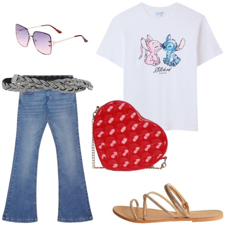 Outfit donna - Casual e romantica. Stile Casual per Tutti i giorni. Abbinamento con occhiali da sole, cinture, jeans a zampa, borse a tracolla, t-shirt, sandali.