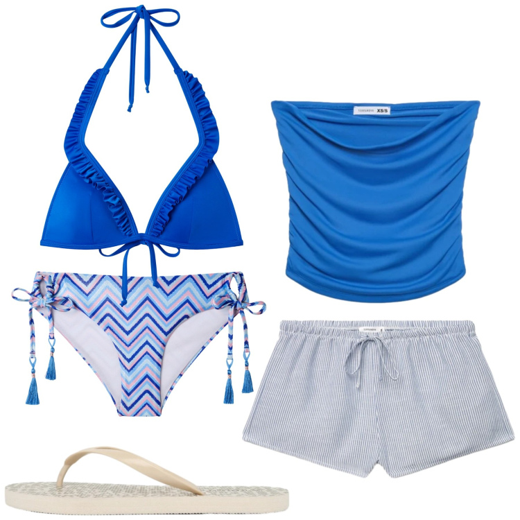 Outfit donna - Total look #2425765. Stile Basic per Mare. Abbinamento con shorts, infradito, top, bikini, bikini.