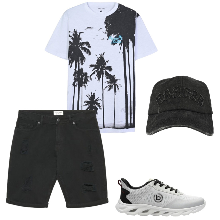 Outfit uomo - Pacific dream. Stile Casual per Tutti i giorni. Abbinamento con sneakers, t-shirt, cappelli con visiera, pantaloni corti.