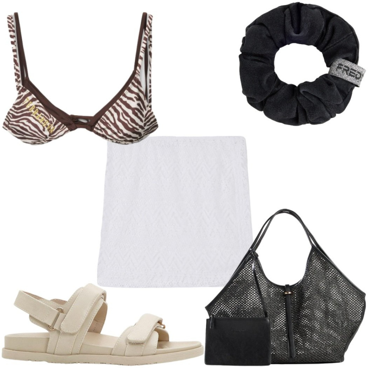 Outfit donna - Total look #2425768. Stile Trendy per Mare. Abbinamento con shopping bag, sandali, bikini, minigonne, accessori per capelli.