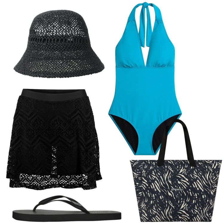 Outfit donna - Total look #2425773. Stile Basic per Mare. Abbinamento con costumi interi, gonne, infradito, cappelli, shopping bag.