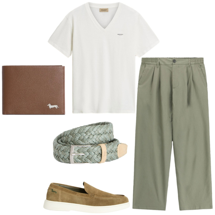 Outfit uomo - Eleganza rilassata. Stile Trendy per Serata speciale. Abbinamento con cinture, scarpe stringate, portafogli, t-shirt, pantaloni.