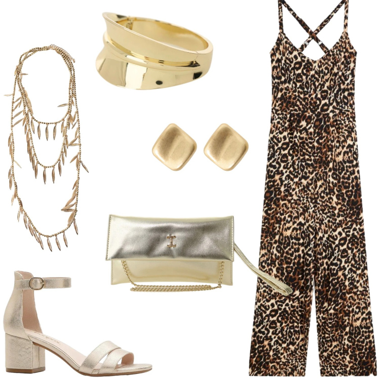Outfit donna - Una serata fuori. Stile Glamour per Serata fuori. Abbinamento con tute, sandali col tacco, borse a tracolla, collane, braccialetti, orecchini.