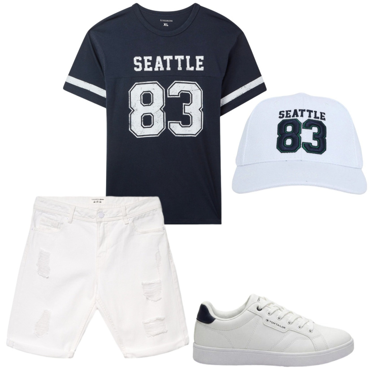 Outfit uomo - Seattle 83. Stile Casual per Tutti i giorni. Abbinamento con sneakers, cappelli, t-shirt, bermuda.