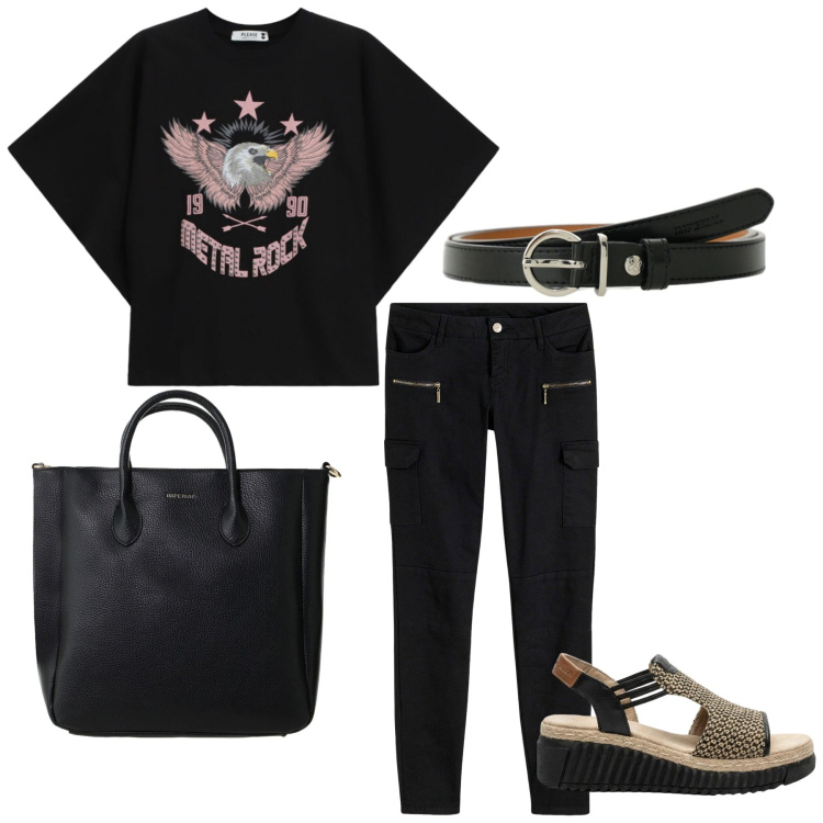 Outfit donna - Total look #2425787. Stile Basic per Tutti i giorni. Abbinamento con sandali, pantaloni cargo, t-shirt, borse a tracolla, cinture.
