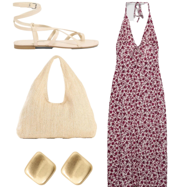 Outfit donna - Eleganza curvy per le sere di giugno - F. Stile Chic per Tutti i giorni. Abbinamento con shopping bag, sandali, vestiti midi/longuette, orecchini.