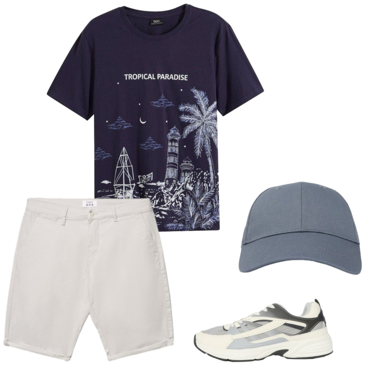 Outfit uomo - Tropical paradise. Stile Casual per Tutti i giorni. Abbinamento con t-shirt, sneakers, cappelli con visiera, shorts.