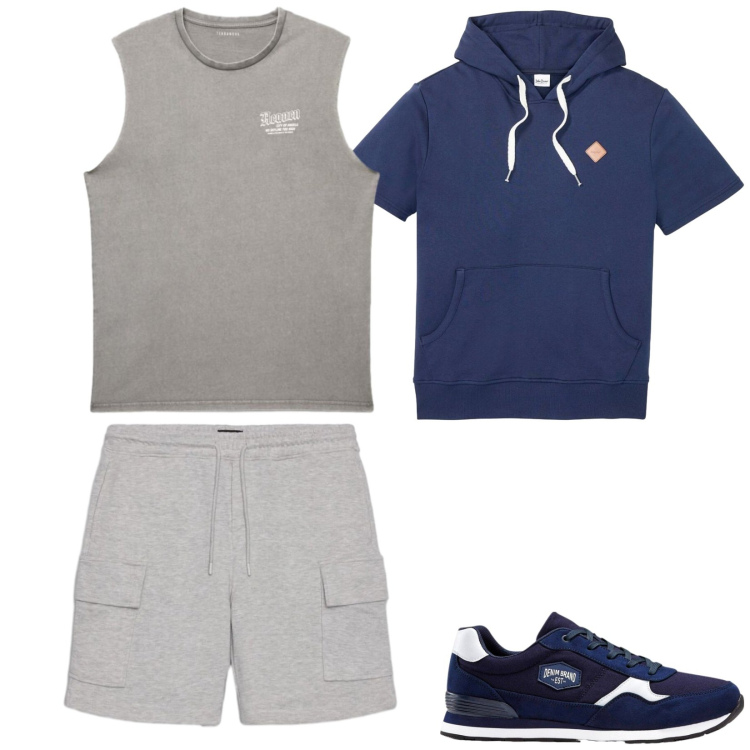 Outfit uomo - Sport. Stile Casual per Sport. Abbinamento con sneakers, felpe con cappuccio, bermuda, canottiere.
