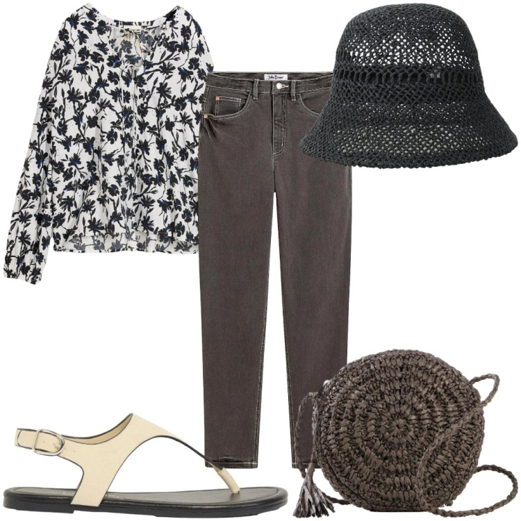 Outfit donna - Total look #2425796. Stile Etnico per Tutti i giorni. Abbinamento con bluse, borse a tracolla, jeans mom, infradito, cappelli.