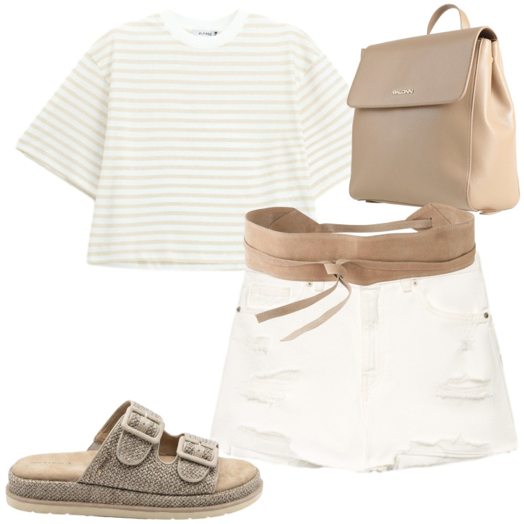 Outfit donna - Vacanza. Stile Casual per Mare. Abbinamento con zaini, cinture, ciabatte, shorts, t-shirt.