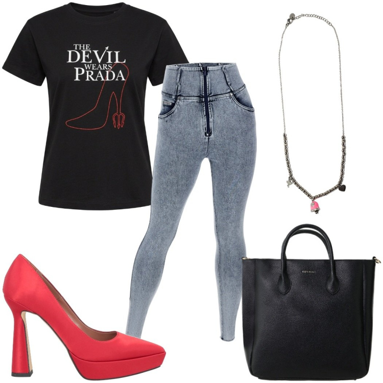 Outfit donna - Total look #2425800. Stile Sporty chic per Tutti i giorni. Abbinamento con décolleté, t-shirt, borse a tracolla, jeans skinny, ciondoli.