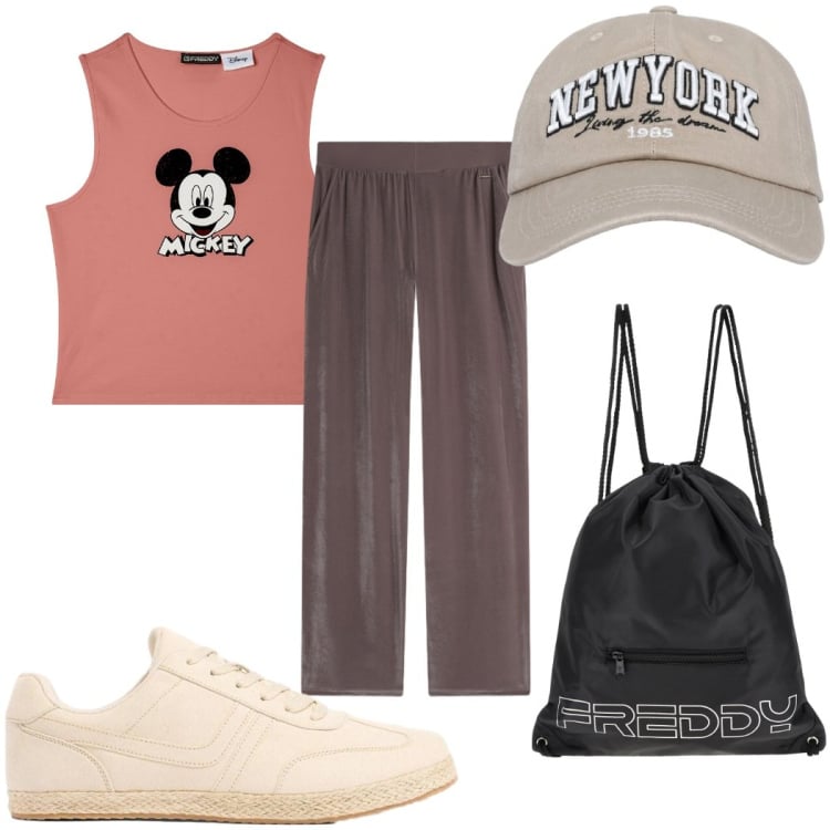 Outfit donna - Total look #2425803. Stile Basic per Sport. Abbinamento con sneakers, cappelli con visiera, pantaloni, canottiere, zaini.