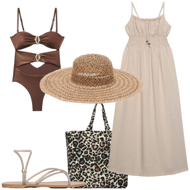 Outfit donna - Terranova - Beach State of Mind. Stile Casual per Mare. Abbinamento con vestiti lunghi, costumi interi, shopping bag, sandali, cappelli.