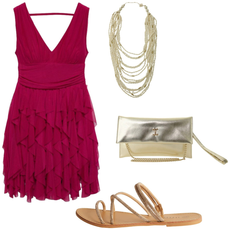 Outfit donna - Tramonto in spiaggia. Stile Sexy per Mare. Abbinamento con vestiti, sandali, borse a tracolla, collane.