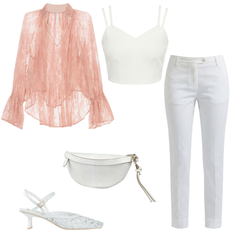 Outfit donna - Giugno. Stile Romantica per Serata fuori. Abbinamento con décolleté, marsupi, pantaloni, top, bluse.