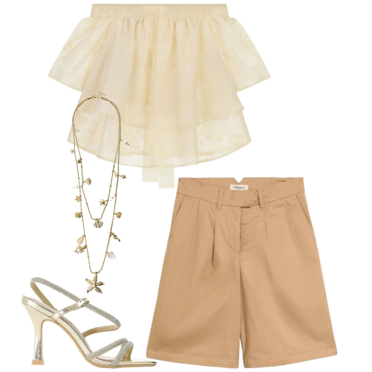 Outfit donna - Serata. Stile Chic per Serata fuori. Abbinamento con bermuda, bluse, sandali col tacco, collane.