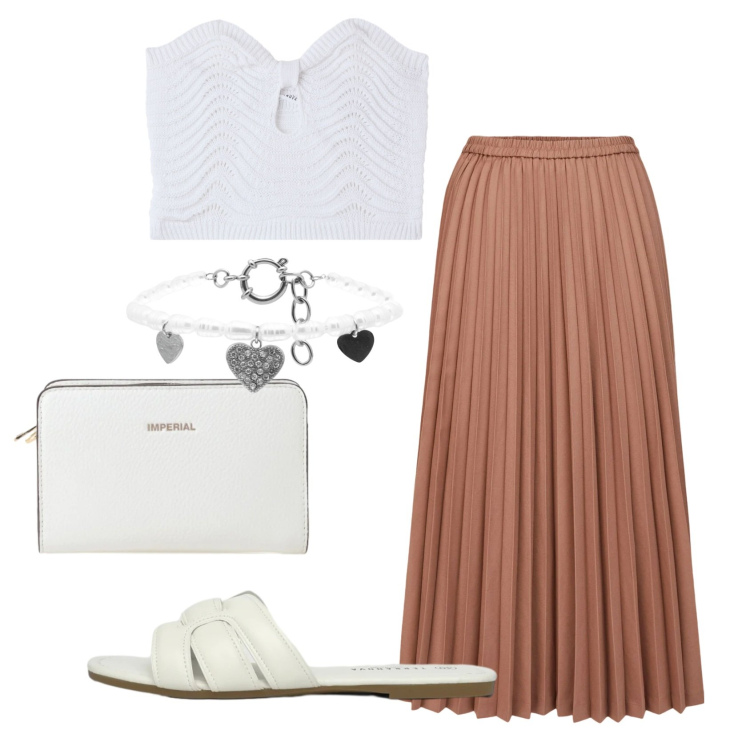 Outfit donna - Total look #2425809. Stile Romantica per Serata fuori. Abbinamento con ciabatte, top, borse a tracolla, braccialetti, minigonne.