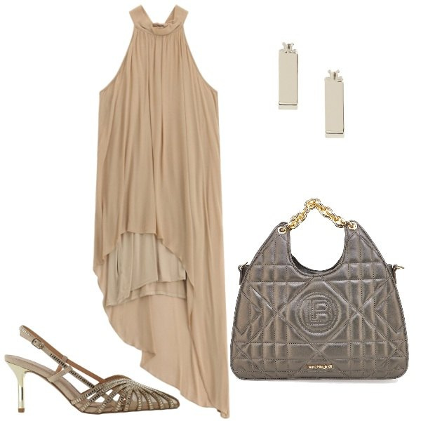Outfit donna - sfumature dorate. Stile Romantica per Cerimonia. Abbinamento con vestiti asimmetrici, décolleté, orecchini, borse a mano.