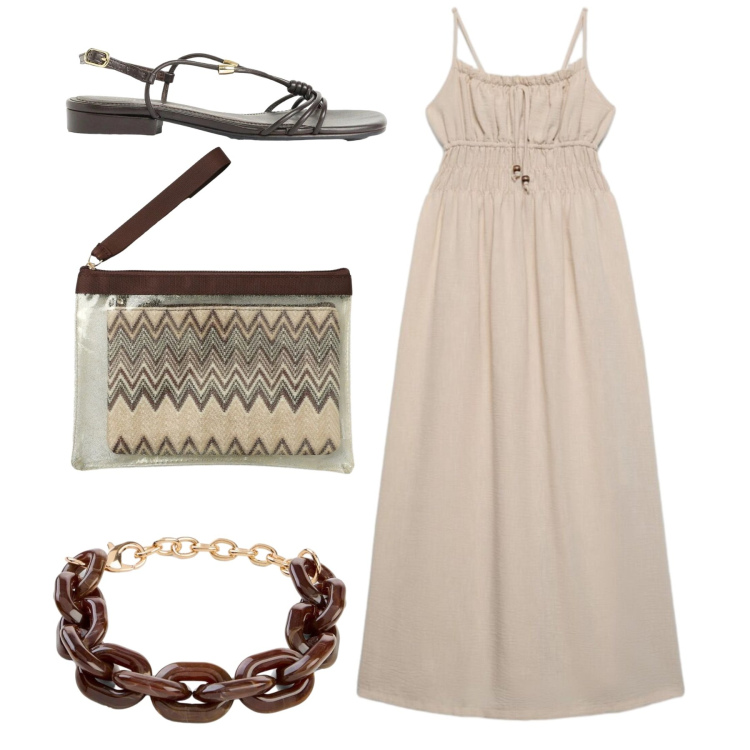 Outfit donna - Eleganza curvy per le sere di giugno - F. Stile Chic per Tutti i giorni. Abbinamento con braccialetti, sandali, vestiti lunghi, pochette.