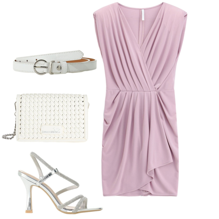 Outfit donna - Eleganza curvy per le sere di giugno - F. Stile Chic per Serata fuori. Abbinamento con borse a tracolla, vestiti asimmetrici, sandali col tacco, cinture.