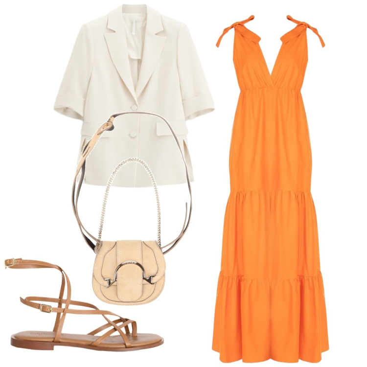Outfit donna - Eleganza curvy per le sere di giugno - F. Stile Romantica per Serata fuori. Abbinamento con marsupi, sandali in pelle, vestiti lunghi, blazer.