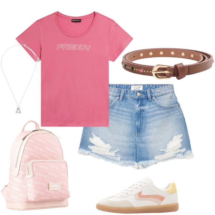 Outfit donna - Total look #2425840. Stile Casual chic per Tutti i giorni. Abbinamento con zaini, sneakers, cinture, shorts, ciondoli, t-shirt.