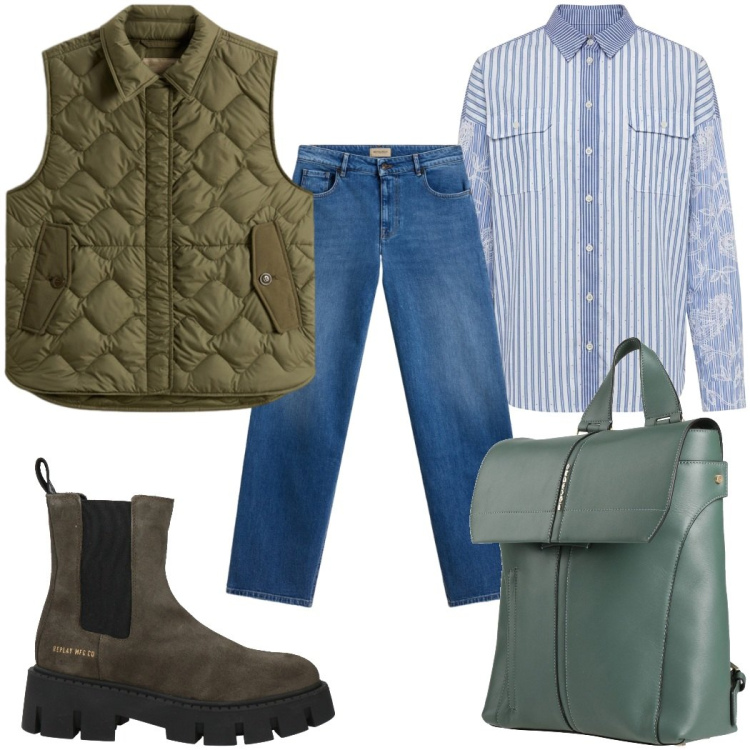 Outfit donna - Total look #2425853. Stile Mannish per Tutti i giorni. Abbinamento con stivaletti chelsea, zaini, camicie, gilet, jeans.
