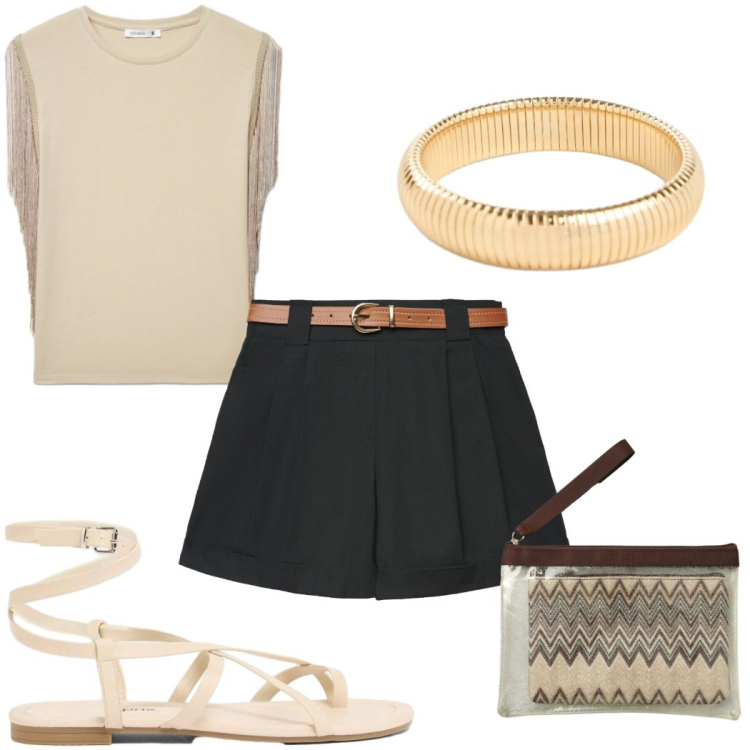 Outfit donna - Total look #2425855. Stile Trendy per Tutti i giorni. Abbinamento con sandali, braccialetti, shorts, pochette, t-shirt.