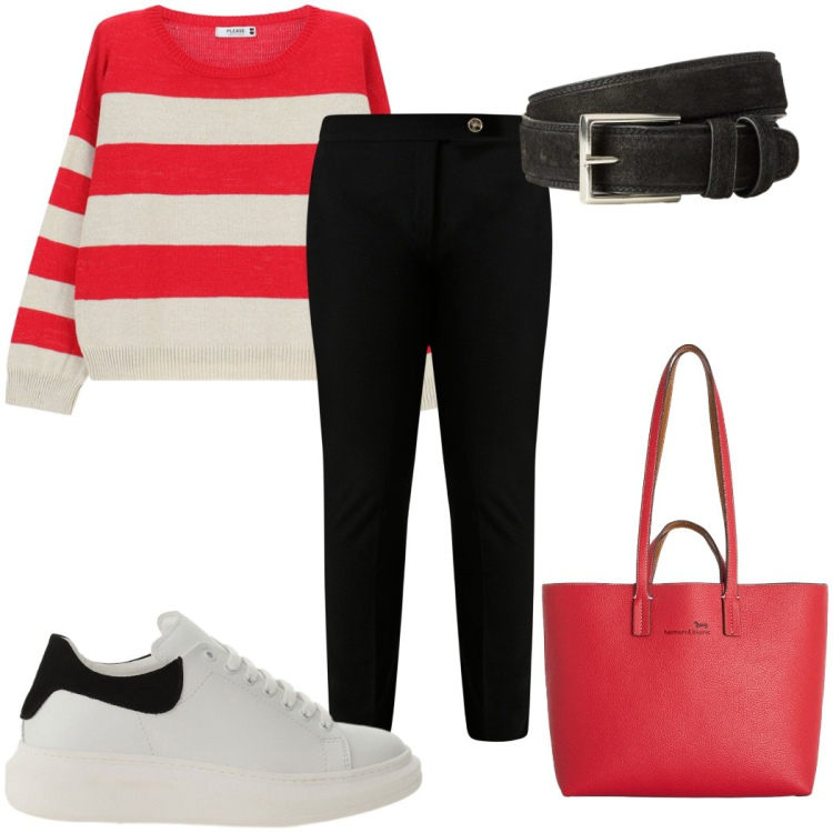 Outfit donna - Total look #2425874. Stile Casual per Tutti i giorni. Abbinamento con cinture, shopping bag, pantaloni skinny, sneakers, maglieria.
