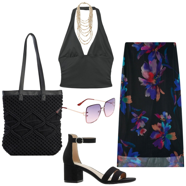 Outfit donna - Gonna in tulle con fantasia. Stile Basic per Tutti i giorni. Abbinamento con sandali col tacco, occhiali da sole, shopping bag, gonne lunghe, top, collane.