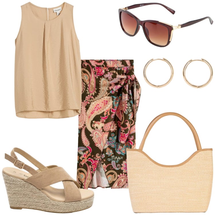 Outfit donna - La gonna fantasia. Stile Glamour per Tutti i giorni. Abbinamento con gonne longuette, sandali col tacco, shopping bag, orecchini, occhiali da sole, top.
