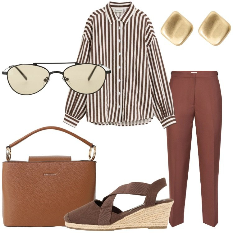 Outfit donna - In ufficio a luglio. Stile Casual chic per Ufficio. Abbinamento con zeppe, camicie, occhiali da sole, borse a secchiello, orecchini, pantaloni.