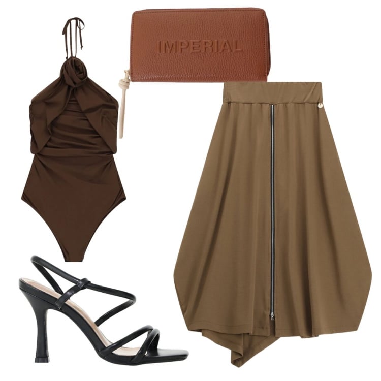 Outfit donna - Gonna asimmetrica. Stile Chic per Serata fuori. Abbinamento con gonne longuette, costumi interi, sandali col tacco, portafogli.