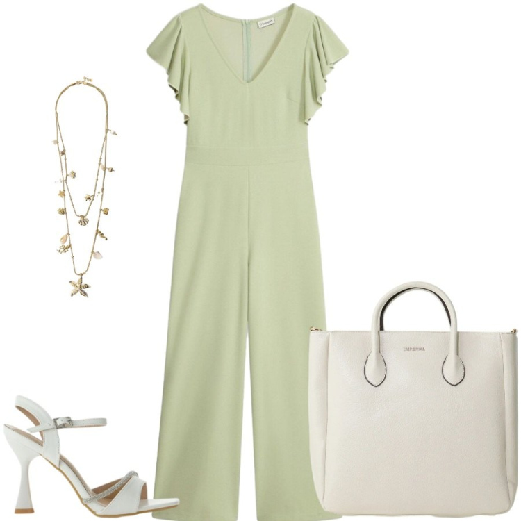 Outfit donna - Total look #2425883. Stile Casual chic per Tutti i giorni. Abbinamento con tute, sandali gioiello, borse a tracolla, collane.