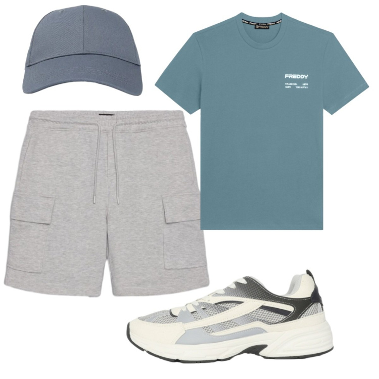 Outfit uomo - Total look #2425896. Stile Casual per Sport. Abbinamento con sneakers, cappelli con visiera, bermuda, t-shirt.